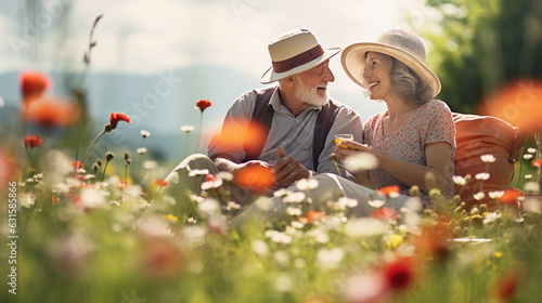 Fototapeta Naklejka Na Ścianę i Meble -  an elderly couple enjoying a picnic in a vibrant, flower - filled meadow, warm, sunny day, simple joy