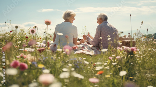 Fototapeta Naklejka Na Ścianę i Meble -  an elderly couple enjoying a picnic in a vibrant, flower - filled meadow, warm, sunny day, simple joy