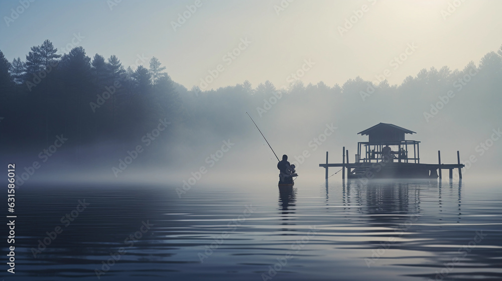 a fisherman at a serene lake, casting his line from a wooden dock, calm, misty morning, solitude