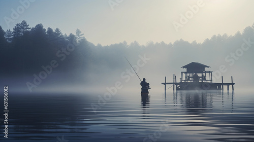 a fisherman at a serene lake, casting his line from a wooden dock, calm, misty morning, solitude © Marco Attano