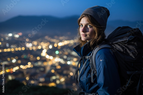 a young woman, solo trekker, overlooking a city from a hilltop at twilight, city lights twinkling, cool wind, soft expression © Marco Attano