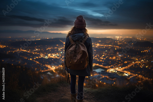 a young woman, solo trekker, overlooking a city from a hilltop at twilight, city Fototapet