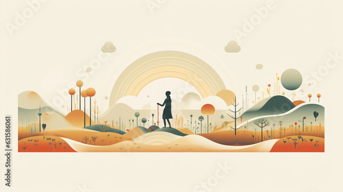 Organic farming process depicted through modern, minimalist line art. Abstract imagery of a farmer sowing seeds, watering plants, and harvesting vegetables, with soft, pastel colors and clean lines