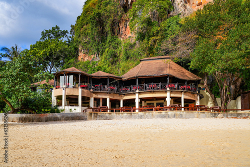 Restaurant in the sand of Phra Nang Cave Beach on the Railay Peninsula in the Province of Krabi, Thailand photo