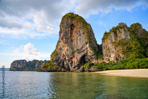 Limestone karst cliffs on Phra Nang Cave Beach on the Railay Peninsula in the Province of Krabi, Thailand