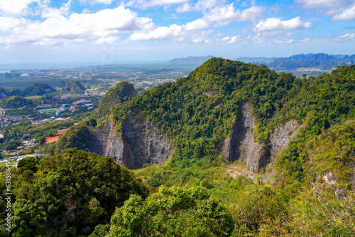 Limestone karst cliffs seen from the hilltop pagoda of the Wat Tham Suea  the Tiger Cave Temple of Krabi in the south of Thailand