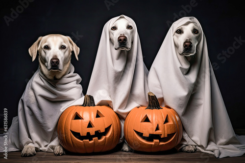 Dogs dressed as a halloween ghost, generative ai 