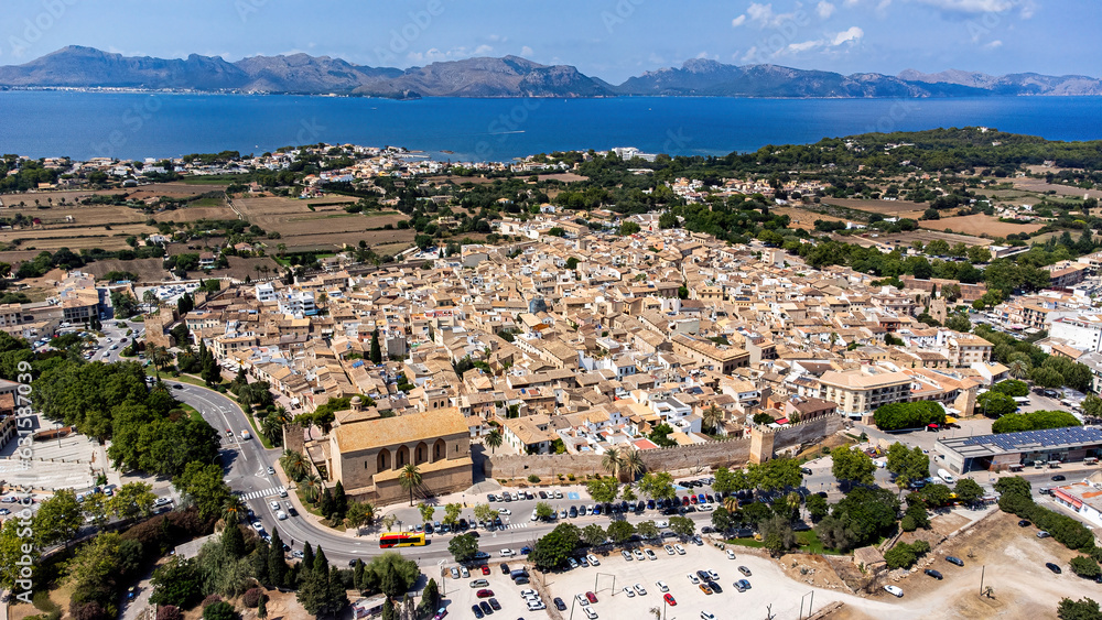 Aerial view of the medieval walled city of Alcudia on the Balearic island of Majorca (Spain) in the Mediterranean Sea