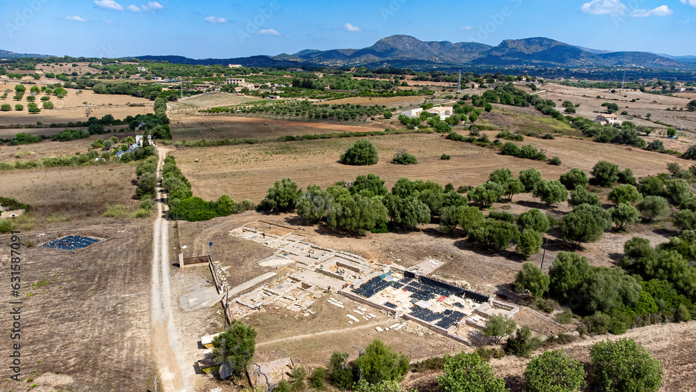 Aerial view of the remains of the paleochristian Basílica de Son Peretó in Manacor on the Balearic island of Majorca, Spain