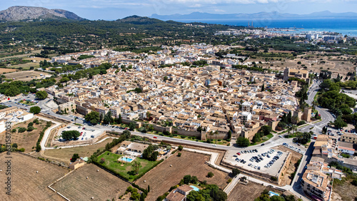 Aerial view of the medieval walled city of Alcudia on the Balearic island of Majorca (Spain) in the Mediterranean Sea
