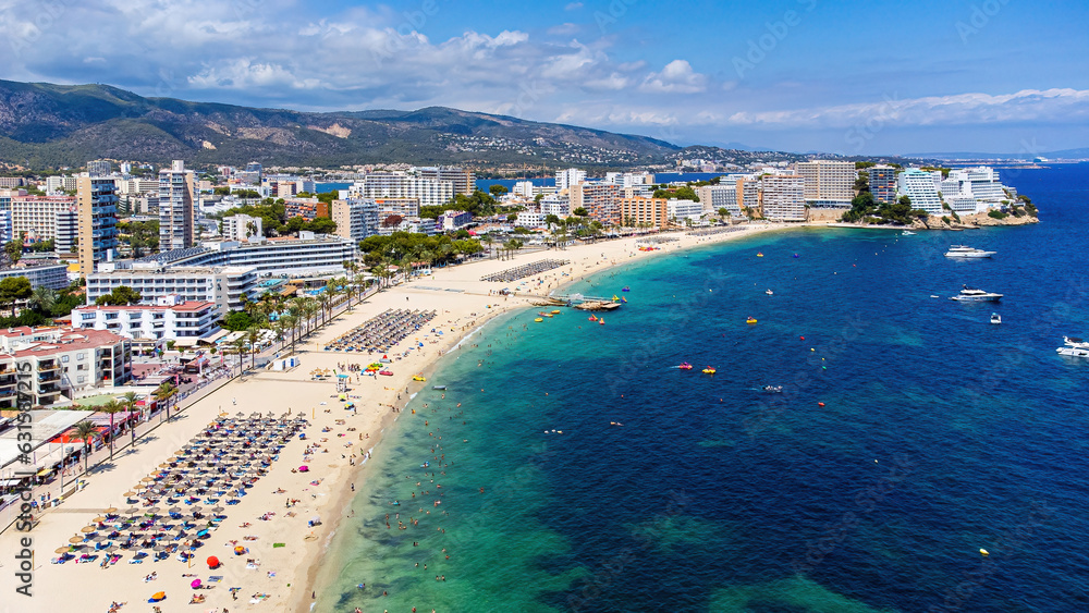 Aerial view of the beach of Magaluf, a seaside resort town on Majorca in the Balearic Islands, Spain