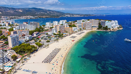 Aerial view of the beach of Magaluf, a seaside resort town on Majorca in the Balearic Islands, Spain photo