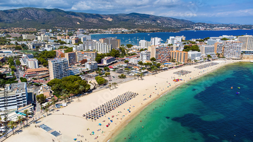 Aerial view of the beach of Magaluf, a seaside resort town on Majorca in the Balearic Islands, Spain photo