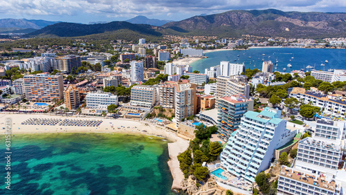 Aerial view of the beach of Magaluf, a seaside resort town on Majorca in the Balearic Islands, Spain photo