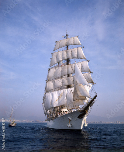 argentina, ara libertad frigate sailing at sea aerial view