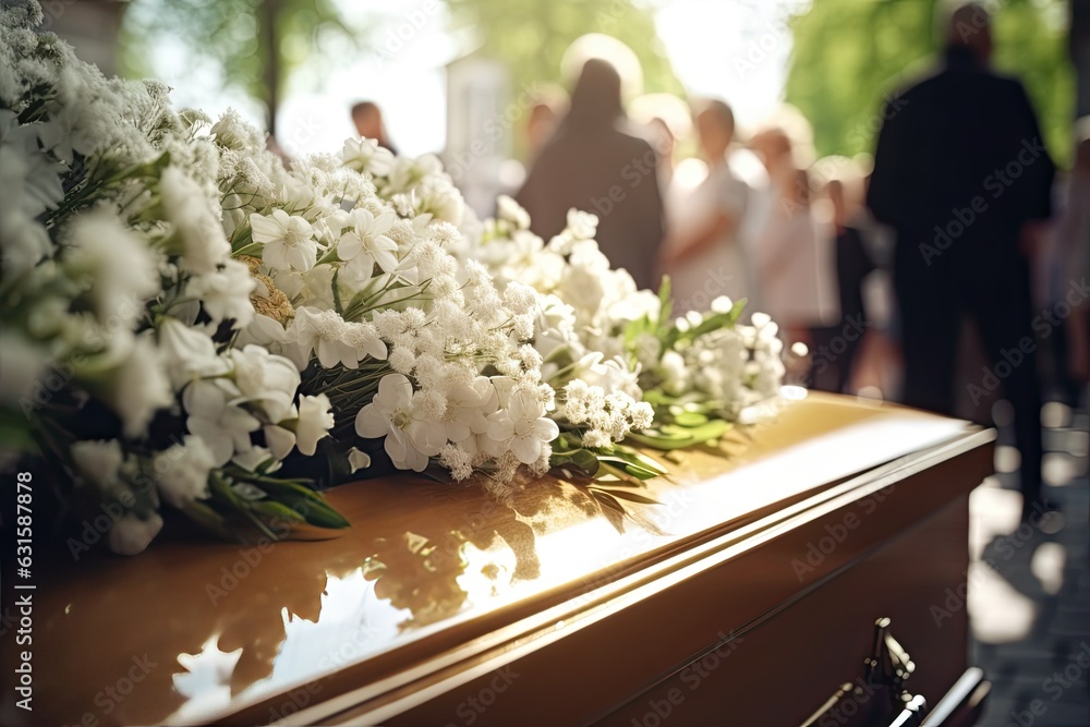 A reverent funeral scene, the coffin is decorated with flowers. Symbolic farewell among church services and cemetery funerals. - obrazy, fototapety, plakaty 