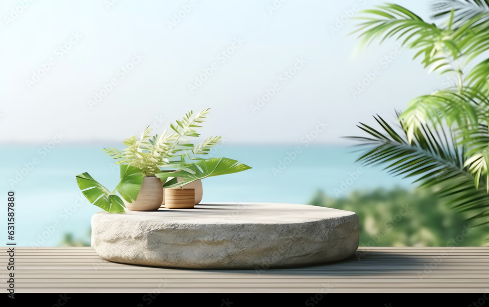 Podium display with tropical plant and stone on water background, Cosmetics or beauty product promotion mockup 3d rendering background