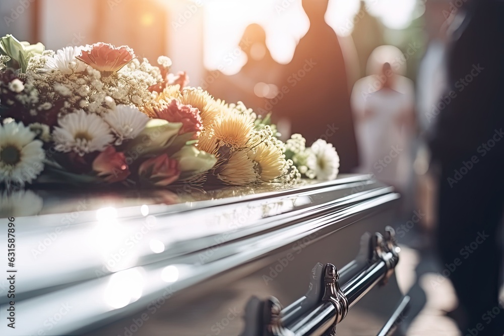 Amid the solemnity of the funeral, the wooden coffin is sent on its last journey, accompanied by a poignant composition of flowers that speak of the depth of human emotions. - obrazy, fototapety, plakaty 