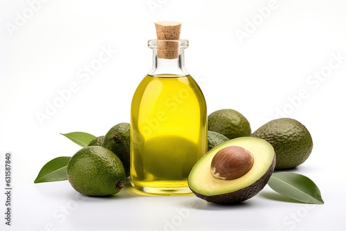 Avocado oil on a white background, a natural elixir for health and beauty. Spa and massage therapy, vegan and alternative care.