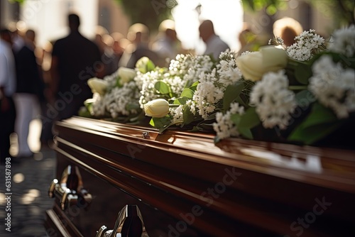 The concept of farewell and final resting place. The coffin is decorated with a flower arrangement.