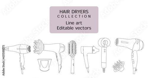 	
Set of hand drawn hair dryers, editable vector line art illustrations of hair dryers and blow-dryer	
 photo