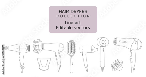 	
Set of hand drawn hair dryers, editable vector line art illustrations of hair dryers and blow-dryer	
