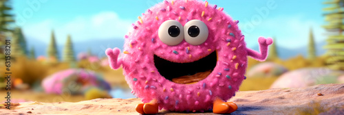 Banner with Happy pink donut with sprinkles. Generative AI. Adorable creature resembling donut. National Donut Day. Title for website, blog, roadside cafe advertisement, confectionery, bakery.