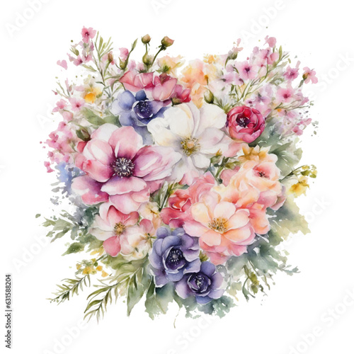 Abstract watercolor illustration of flower composition, frame, pattern, and bouquet for greeting cards, background, flyers. Realistic Floral Illustrations for Simple and Elegant Bridal Designs, 