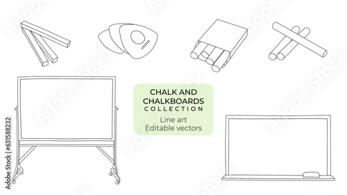 Set of hand drawn chalk and chalkboards, editable vector line art illustrations of school chalk and blackboard