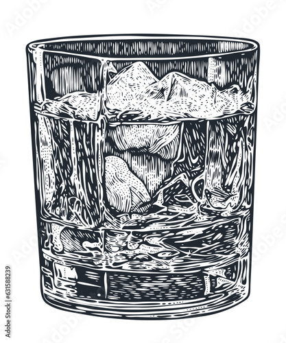 Cocktail with ice cubes in a crystal glass. Hand drawn design element. Engraving style. Vector illustration	