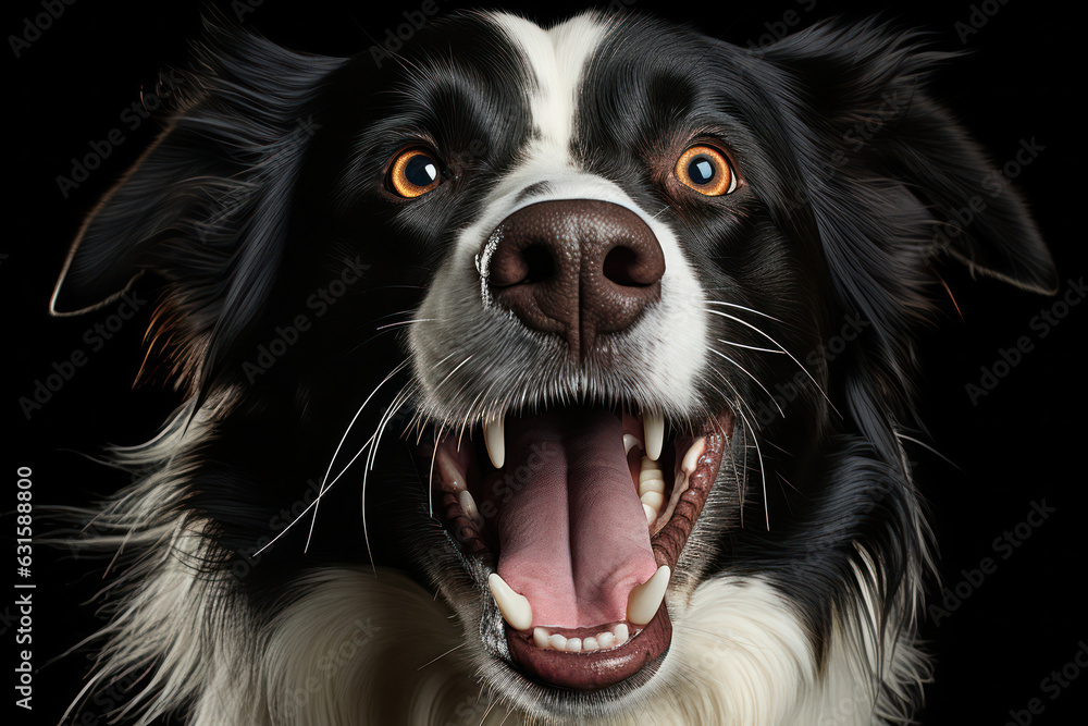 A stunning close-up of a playful Border Collie against a black background, capturing the dog's alert expression and herding instincts A stunning close-up of a playful Border Collie against a black background, capturing the dog's alert expression and herding instincts