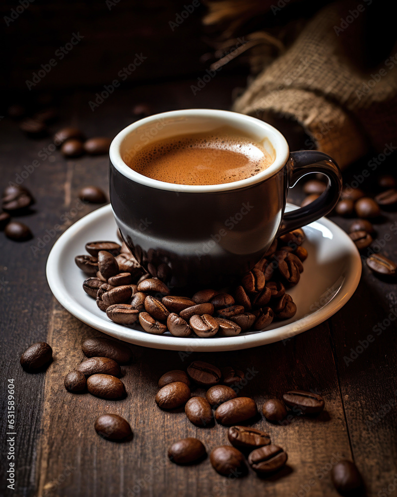 Generated photorealistic image of a cup of Americano coffee with roasted coffee beans Generated photorealistic image of a cup of Americano coffee with roasted coffee beans