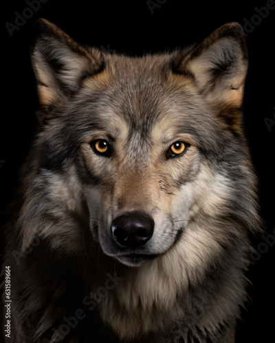 Generated photorealistic image of a wolf with attentive yellow eyes