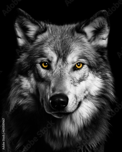 Generated photorealistic image of a wolf with attentive yellow eyes in black and white format