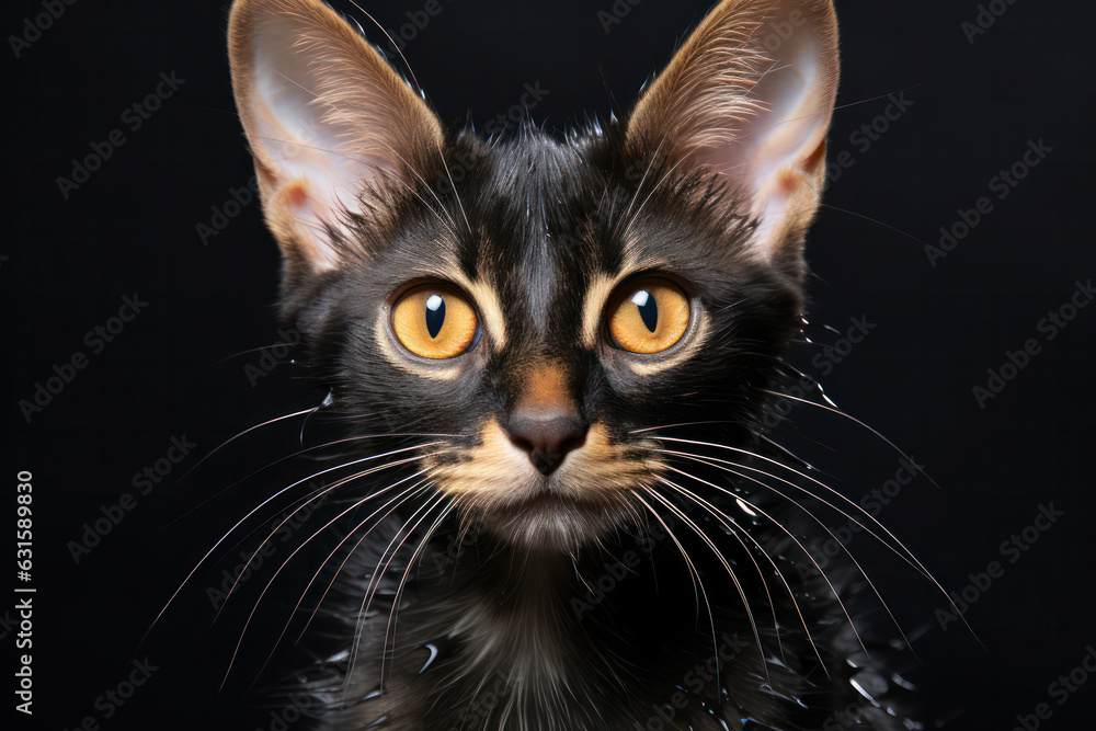 A close-up of an alert Oriental Shorthair cat with vibrant eyes, photographed against a black background, capturing the cat's intelligent and curious demeanor A close-up of an alert Oriental Shorthair cat with vibrant eyes, photographed against a black background, capturing the cat's intelligent and curious demeanor