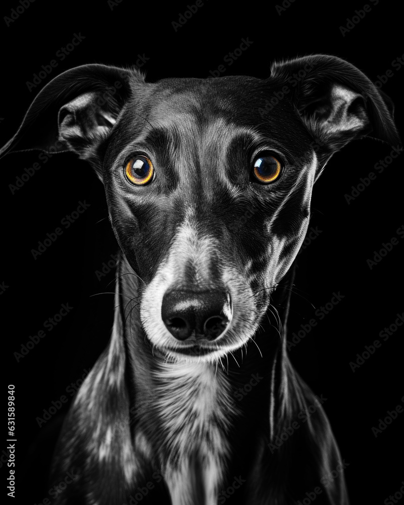 Generated photorealistic image of a greyhound with yellow eyes in black and white format