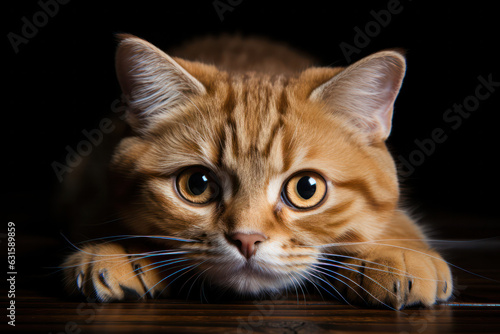 A close-up of an inquisitive Scottish Fold cat with folded ears, photographed against a black background, capturing the cat's adorable charm and curious personality © Matthias