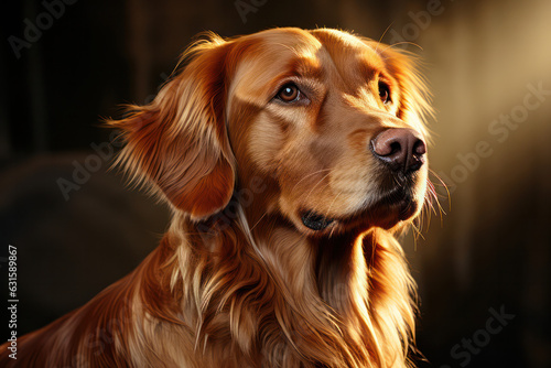 A close-up portrait of a regal golden retriever against a black background, showcasing the dog's expressive eyes and majestic presence