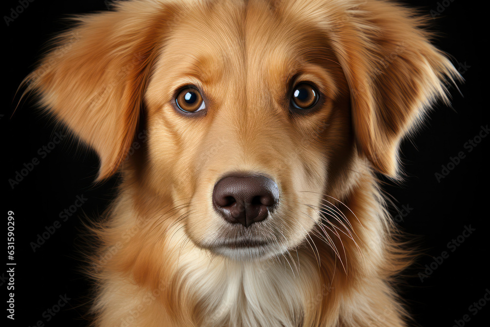 An intimate portrait of a loyal Golden Retriever with a sleek coat and a gentle gaze, set against a solid black background, showcasing the dog's warmth and affection