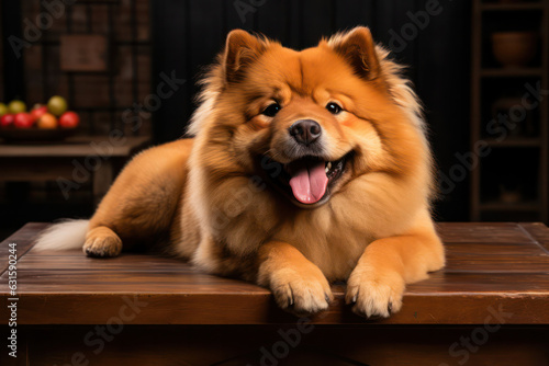 An endearing portrait of a fluffy Chow Chow against a solid black background, showcasing the dog's lion-like mane and gentle demeanor