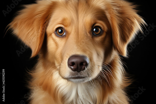 An intimate portrait of a loyal Golden Retriever with a sleek coat and a gentle gaze, set against a solid black background, showcasing the dog's warmth and affection