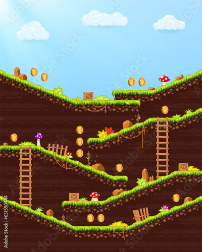 Video game. Elements and objects for computer game. Template for construction game level. Background for arcade game. Vector illustration.