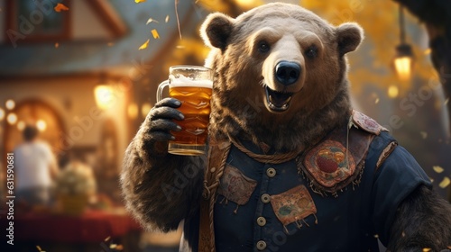 Bear in traditional Bavarian costume holding a large beer stein for Oktoberfest celebration. Generative AI © Jane Kelly