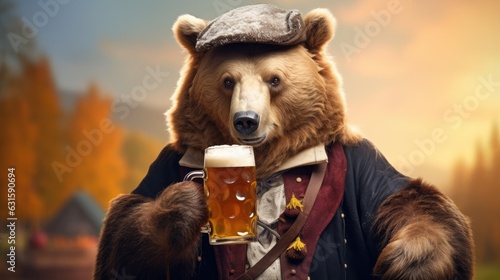 Bear in traditional Bavarian costume holding a large beer stein for Oktoberfest celebration. Generative AI