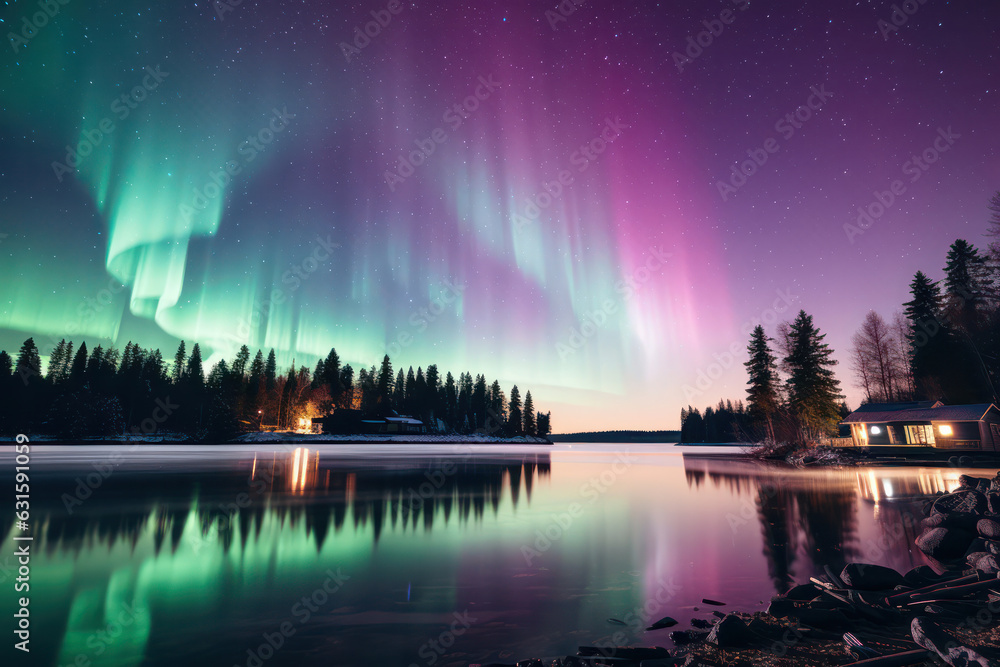 A mesmerizing shot of the Northern Lights dancing across the night sky, illuminating a snow-covered landscape, with hues of green, purple, and blue painting the heavens | ACTORS: None | LOCATION TYPE: A mesmerizing shot of the Northern Lights dancing across the night sky, illuminating a snow-covered landscape, with hues of green, purple, and blue painting the heavens | ACTORS: None | LOCATION TYPE: