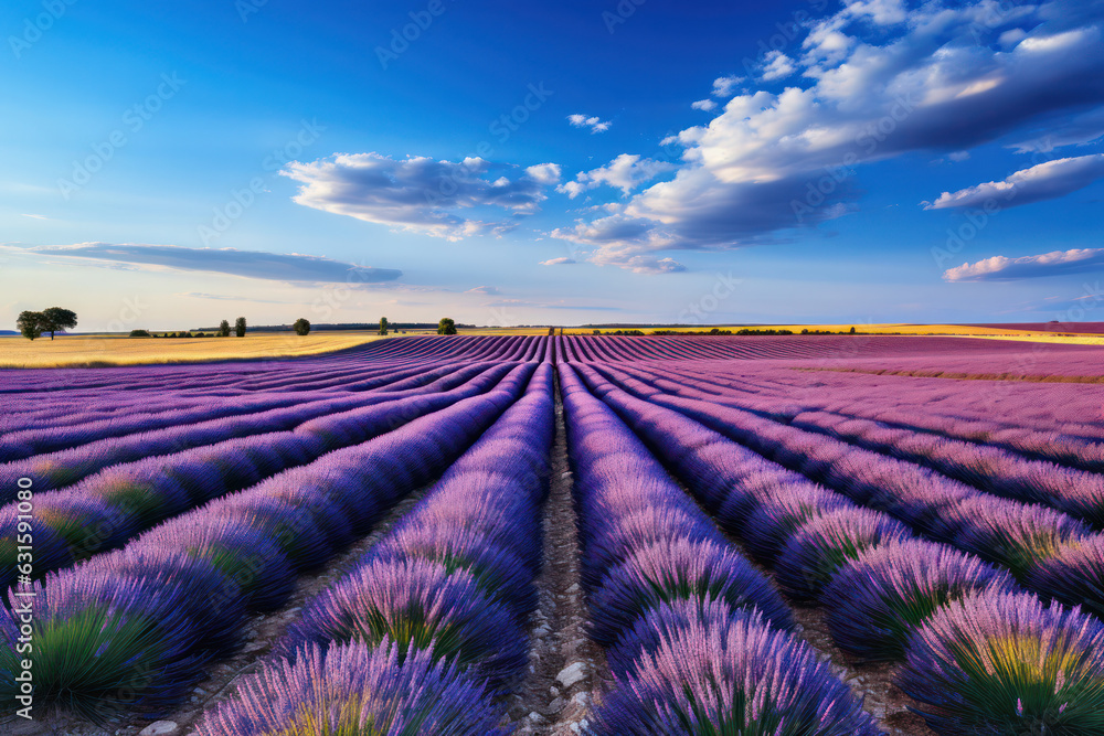 A mesmerizing shot of a vibrant field of blooming lavender, with rows of fragrant purple flowers stretching as far as the eye can see, evoking a sense of beauty and tranquility | ACTORS: None | LOCATI A mesmerizing shot of a vibrant field of blooming lavender, with rows of fragrant purple flowers stretching as far as the eye can see, evoking a sense of beauty and tranquility | ACTORS: None | LOCATI