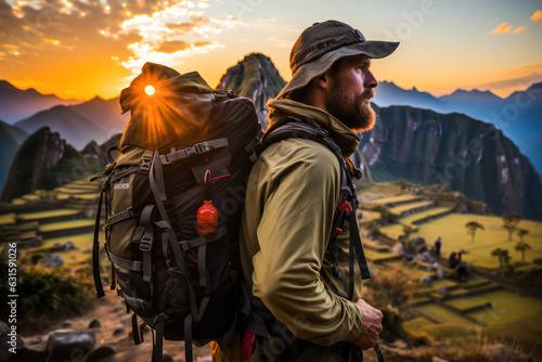 A person wandering through the ancient ruins of Machu Picchu, surrounded by mist-covered mountains, terraced landscapes, and the remnants of an Incan civilization | ACTORS: Person | LOCATION TYPE: Arc