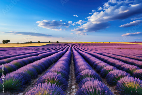 A mesmerizing shot of a vibrant field of blooming lavender, with rows of fragrant purple flowers stretching as far as the eye can see, evoking a sense of beauty and tranquility | ACTORS: None | LOCATI