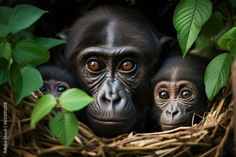 A captivating shot of a family of gorillas in their natural habitat, showcasing their social bonds, intelligence, and the need for their protection as critically endangered species | ACTORS: None | LO A captivating shot of a family of gorillas in their natural habitat, showcasing their social bonds, intelligence, and the need for their protection as critically endangered species | ACTORS: None | LO