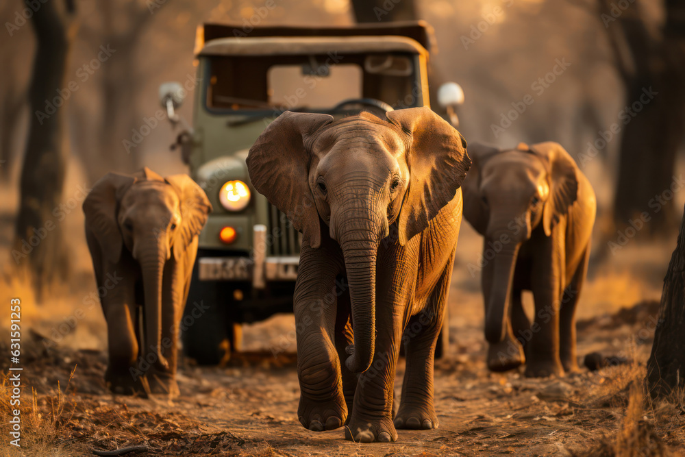 A safari jeep driving through the African savannah, with a herd of elephants majestically crossing the dusty plains in the background, under the golden light of a setting sun | ACTORS: Safari jeep, El - obrazy, fototapety, plakaty 